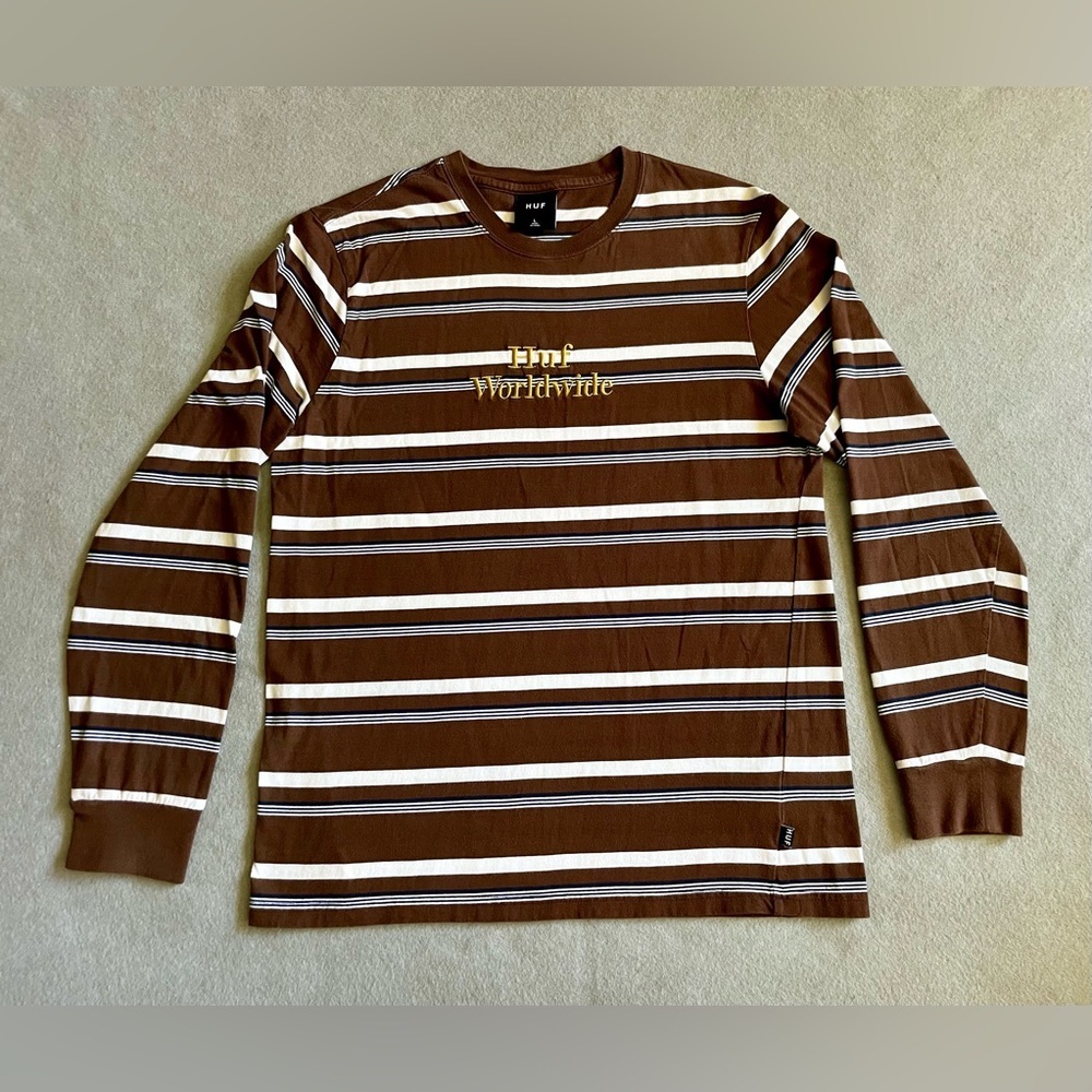 Huf Worldwide Men’s Long Sleeve Striped Shirt Size Large Brown & White